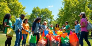 Voluntari colectând materiale reciclabile într-un parc.