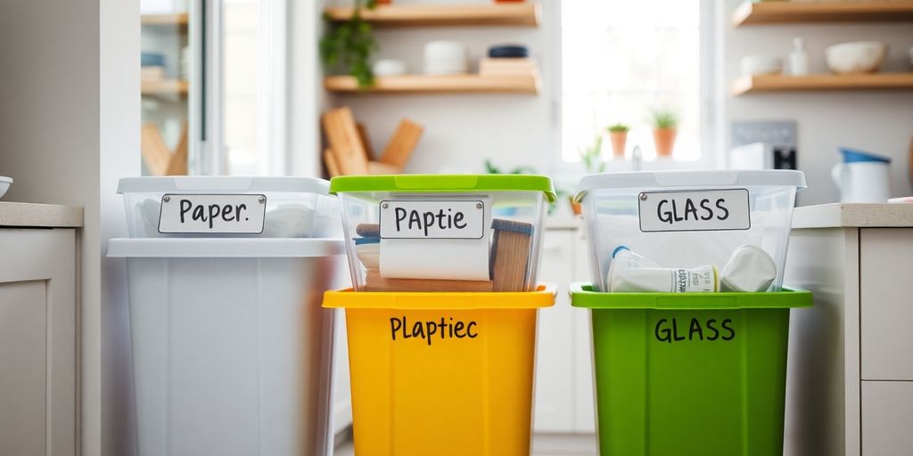 Sistem de reciclare organizat acasă cu containere colorate.