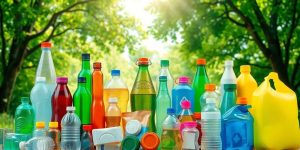 Diferite tipuri de plastic reciclat pe fundal verde.