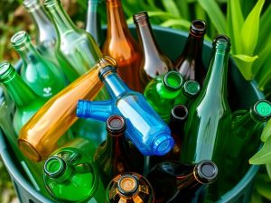 Sticle de sticlă colorate într-un coș de reciclare.