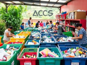 Centru de reciclare activ, cu oameni și materiale diverse.