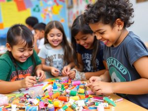 Copii creativi reciclând materiale pentru activități distractive.