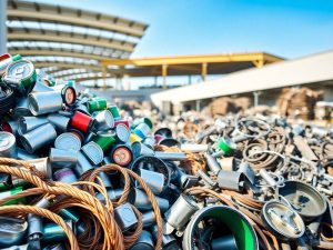 Grămezi de metale reciclabile, sortate, sub cer albastru curat.