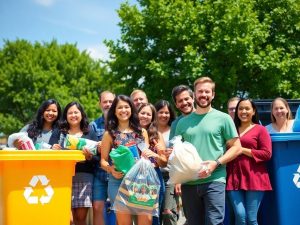 Oameni zâmbitori lângă recipiente colorate pentru reciclare