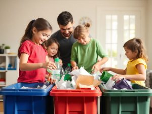 Familie sortând gunoiul pentru reciclare.