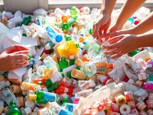 Oameni sortând și depunând materiale reciclabile.