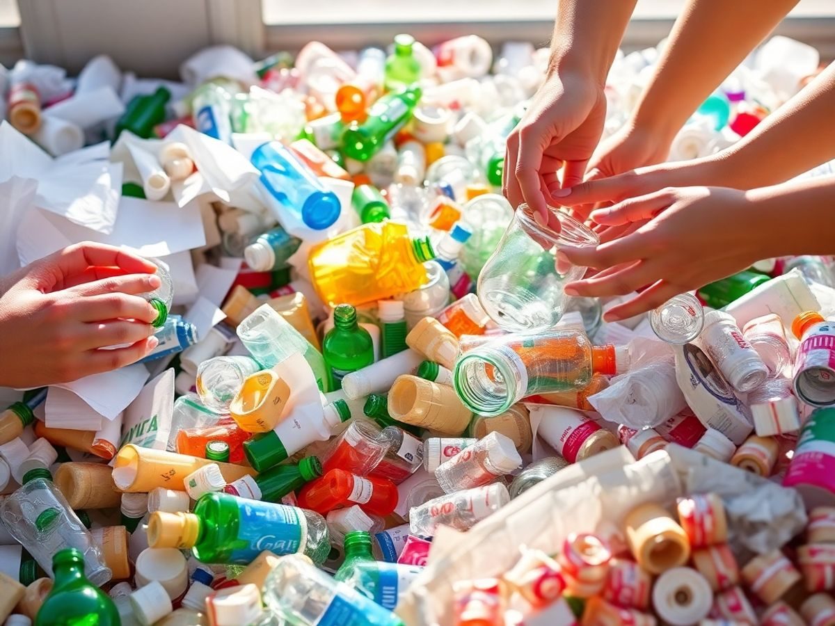 Oameni sortând și depunând materiale reciclabile.