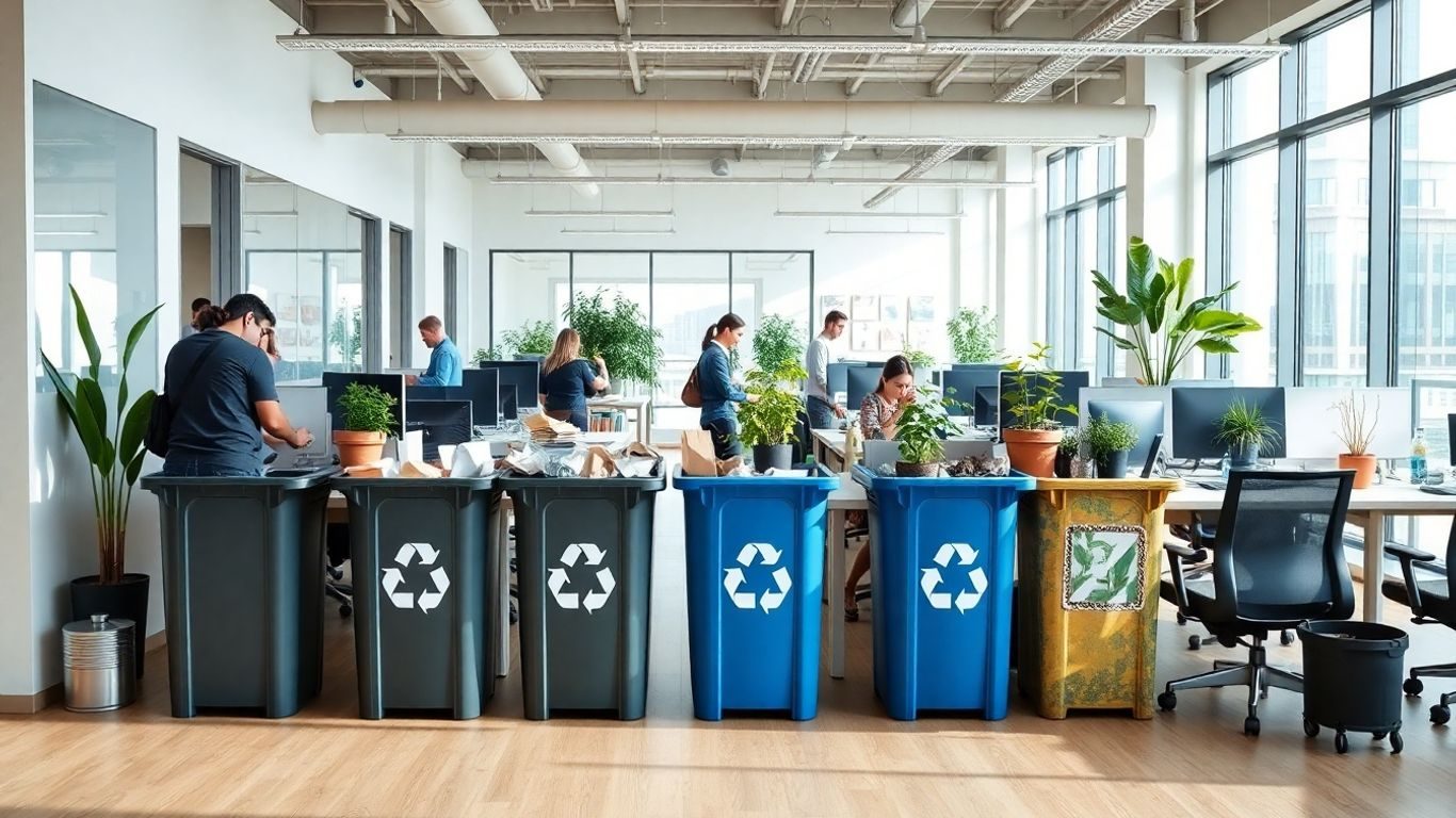 Birou modern cu angajați care reciclează eficient deșeurile