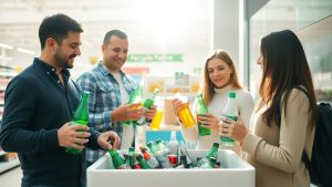 Oameni la un centru de colectare pentru reciclare.